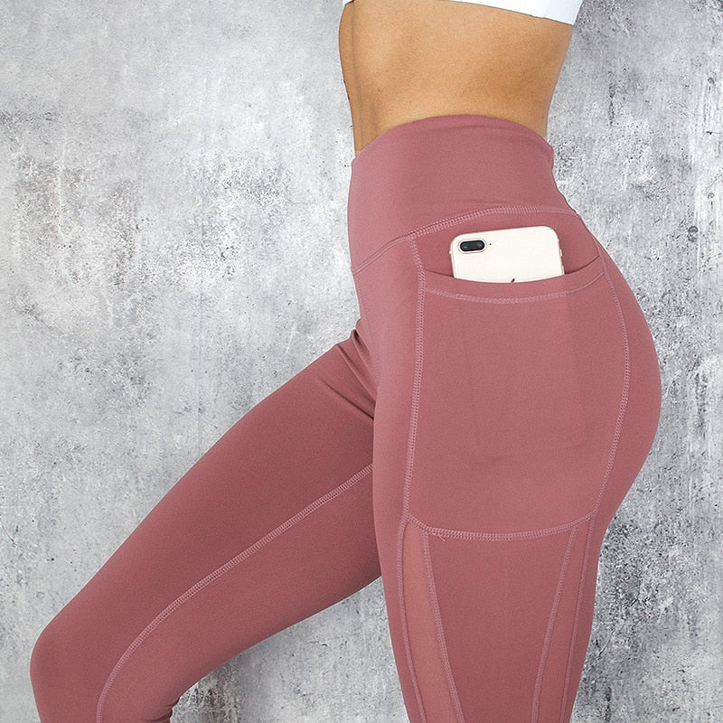 Fitness Women Leggings New Casual Sexy Pocket High Waist Mesh Stitching Leggings Polyester Exercise Slim Leggings