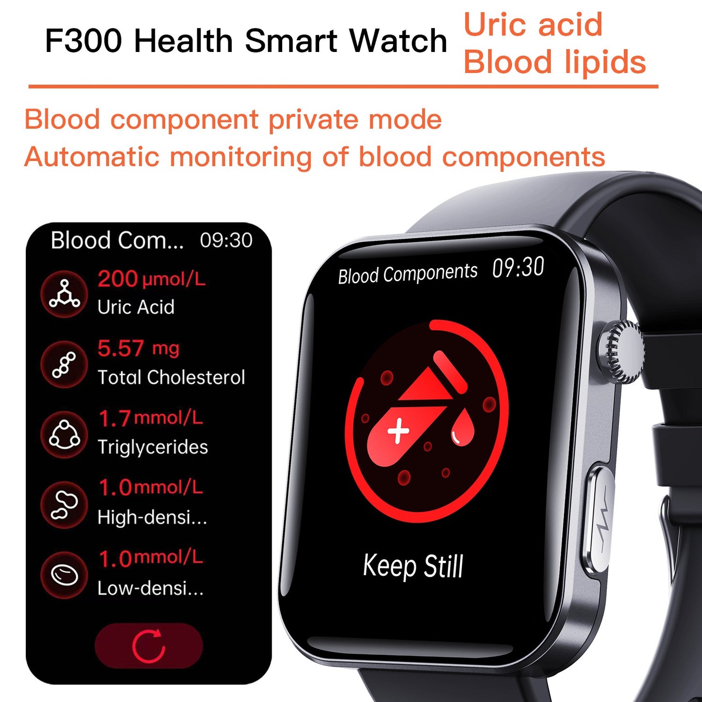 F300 smartwatch ECG electrocardiogram monitoring SOS fall alarm blood glucose and blood pressure watch HRV report