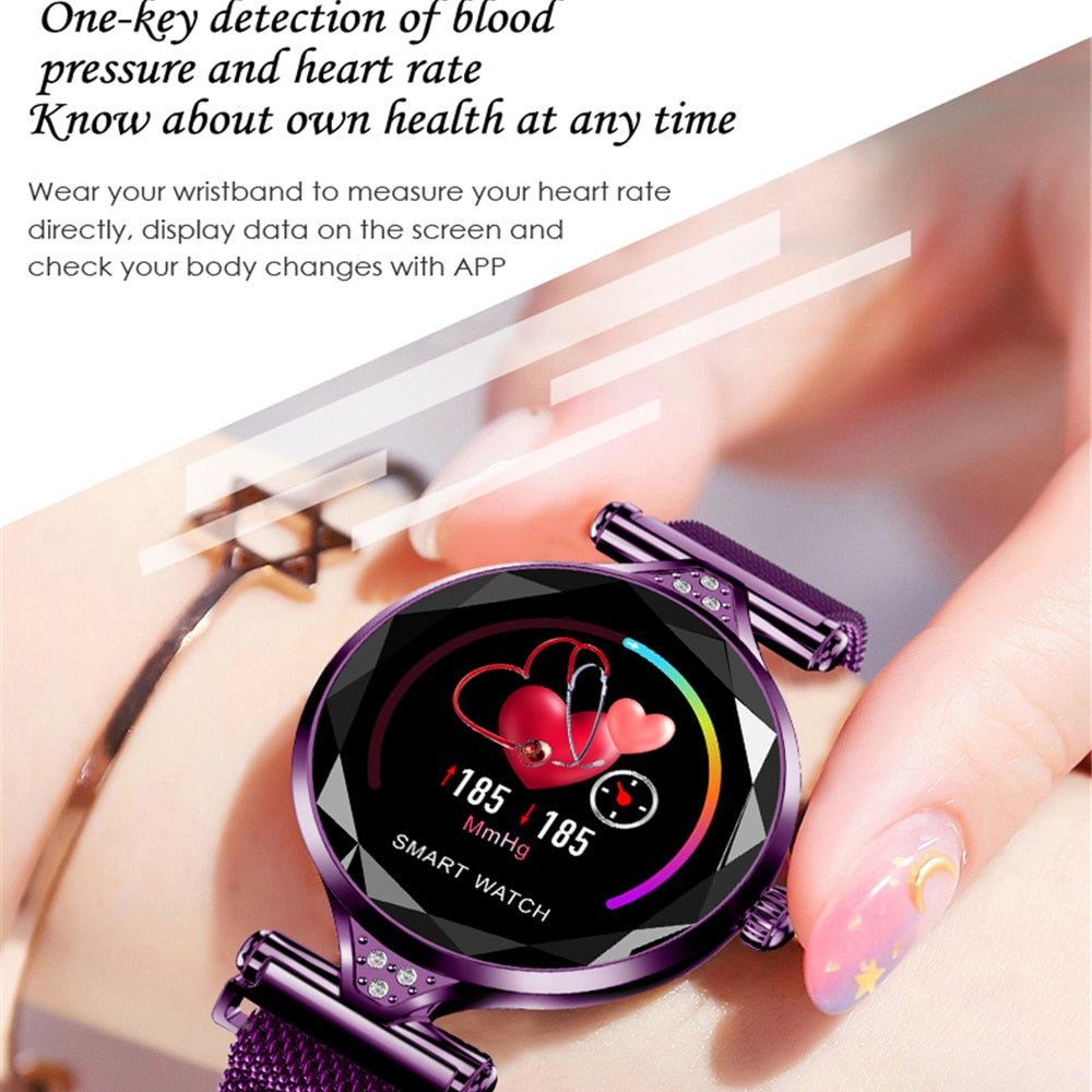 H1 Women Fashion Smart Watch Blood Pressure Heart Rate Monitor Fitness Tracker Bracelet Smartwatch Diamond Flower Color Screen